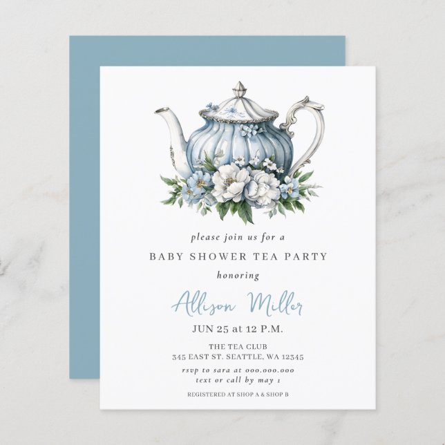 バジェットブルーティーパーティーボーイベビーシャワー招待状 (正面/裏面)