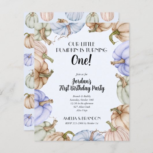 バジェットブルーパンプキンズボーイ誕生日招待状 (正面/裏面)