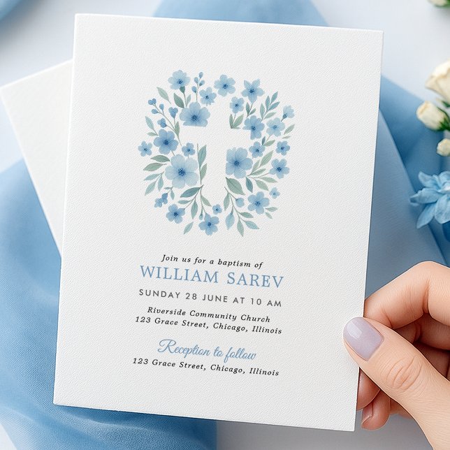 バジェットブルーフローラクロスバプテスマ招待状 (blue floral cross baptism invite with envelope – modern and simple design)