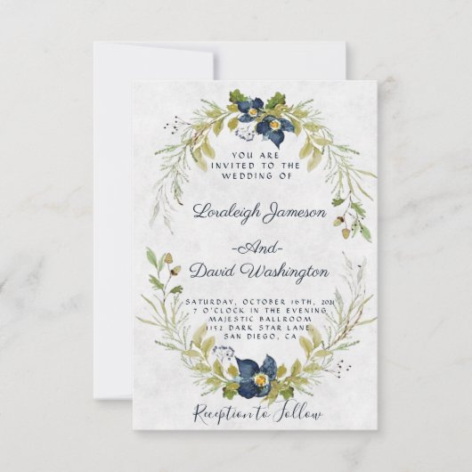 バジェットブルーフローラフレーム結婚式招待状 招待状 (正面)
