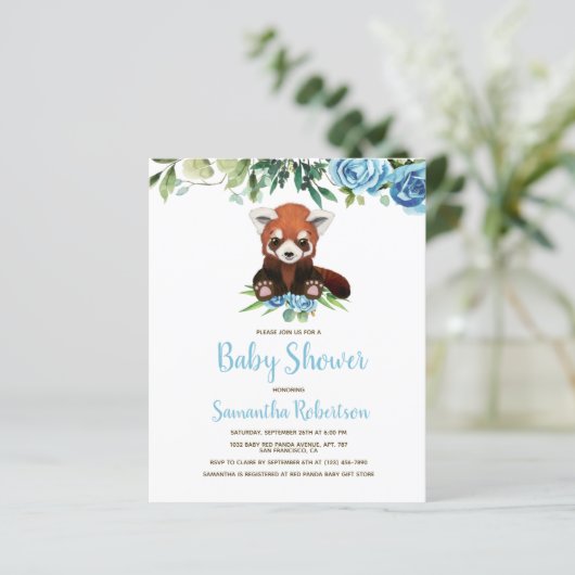バジェットブルーフローラベアーボーイベビーシャワー招待状 (スタンド正面)