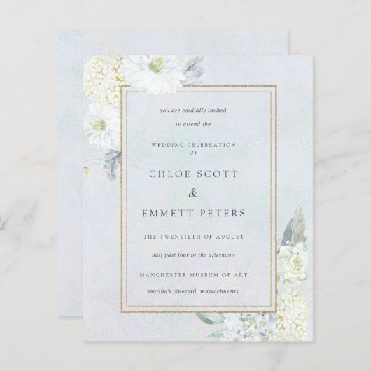 バジェットブルーホワイトフローラ結婚式招待状 (正面/裏面)