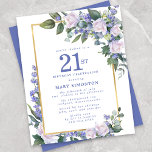 バジェットブルーホワイトフローラ21st誕生日招待状<br><div class="desc">水かわいらし色の白いバラと青い花が金ゴールド枠に濃い緑の離れ色に囲まれている。</div>
