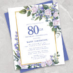 バジェットブルーホワイトフローラ80th誕生日招待状<br><div class="desc">水かわいらし色の白いバラと青い花が金ゴールド枠に濃い緑の離れ色に囲まれている。</div>