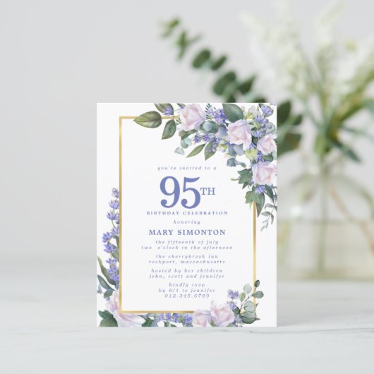 バジェットブルーホワイトフローラ95th誕生日招待状 (スタンド正面)