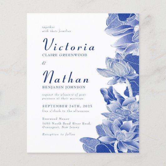 バジェットブルーホワイト写真フローラ結婚式の招待 (正面)