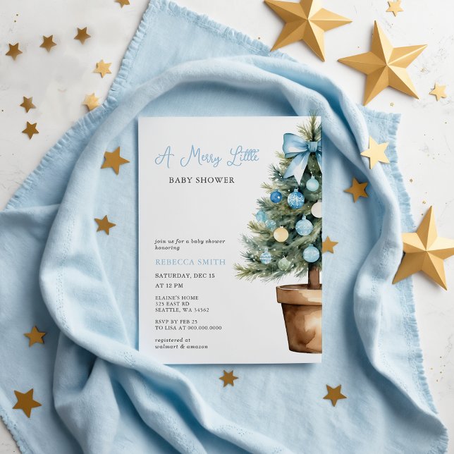 バジェットブルーボウクリスマスメリーリトルベビーシャワー (Budget Blue Bow Christmas Merry Little Baby Shower Invitation)