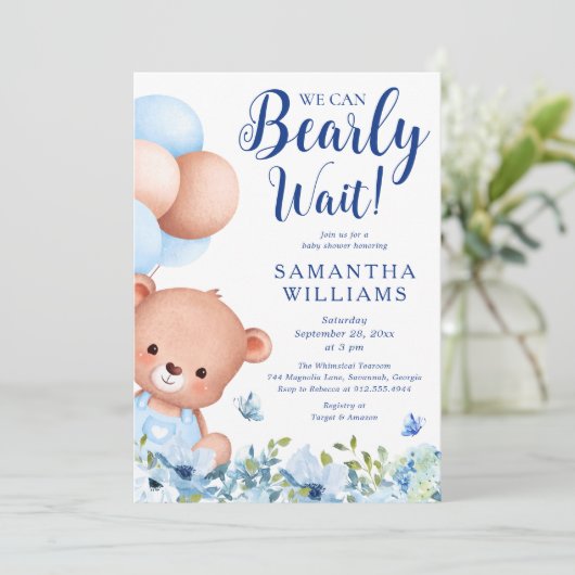 バジェットブルーボーイテディベア赤ちゃんシャワーのための本 招待状 (スタンド正面)