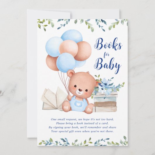 バジェットブルーボーイテディベア赤ちゃんシャワーのための本 招待状 (裏面)