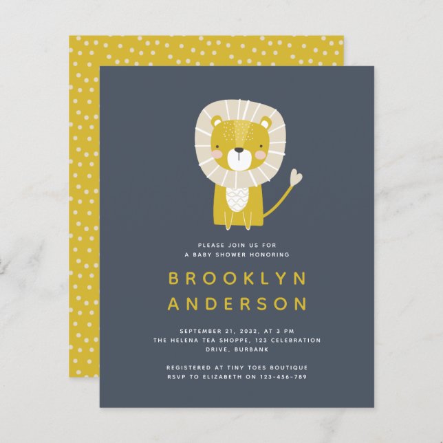 バジェットブルーライオンボーイベビーシャワー招待状 (正面/裏面)