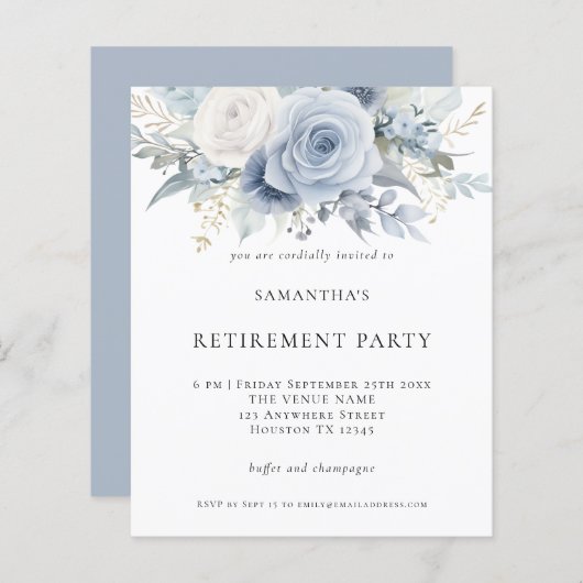 バジェットブルー花模様退職パーティの招待状 (正面/裏面)