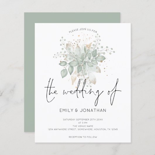 バジェットブロージセージグリーン金ゴールド結婚式招待状 (正面/裏面)