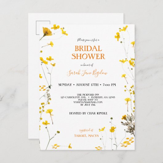 バジェットプレスワイルドフラワーボホブライダルシャワー インビテーションポストカード (正面/裏面)
