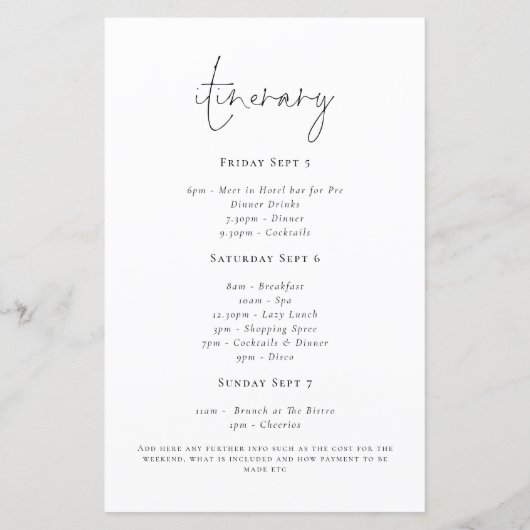 バジェットヘンパーティースクリプト旅程ウィークエンド招待状 (裏面)