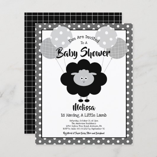バジェットベビーシャワーおもしろい白黒ラム招待状 (正面/裏面)