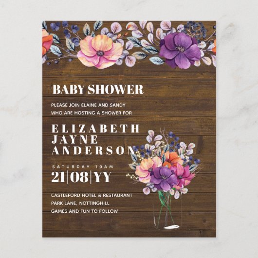 バジェットベビーシャワーパープルオレンジフローラ招待状 (正面)