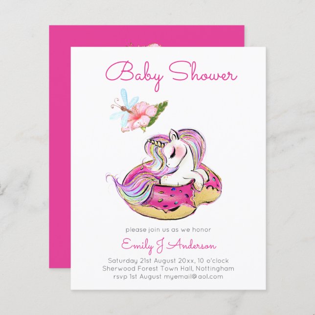 バジェットベビーシャワーユニコーンドーナッツピンクガールズ招待状 (正面/裏面)