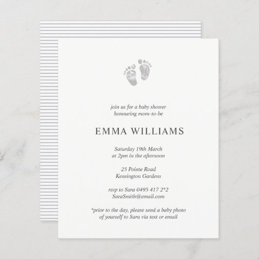 バジェットベビーシャワー招待状グレーのフットプリント (正面/裏面)