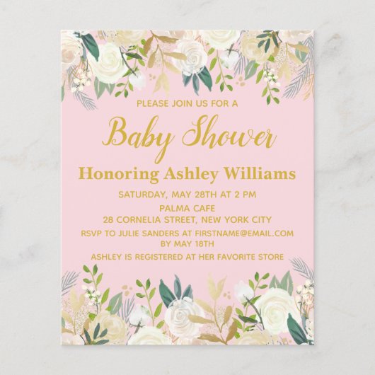 バジェットベビーシャワー招待状赤面ピンクガール金ゴールド (正面)