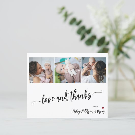 バジェットベビーシャワー3枚の写真サンキューカード (スタンド正面)