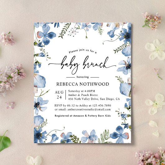 バジェットベビーブルーワイルドフラワーベビーブランチ招待状