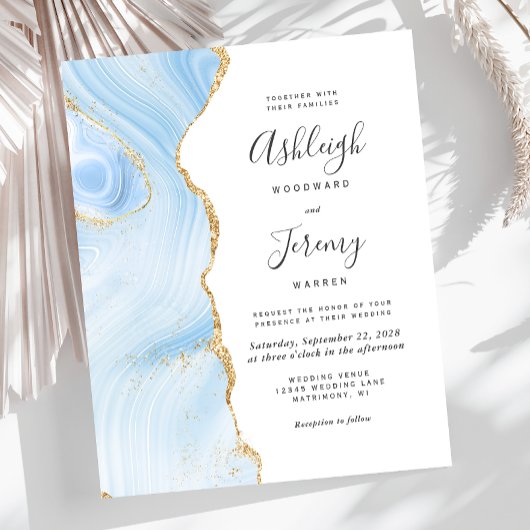 バジェットベビーブルー金ゴールドアゲート結婚式招待状