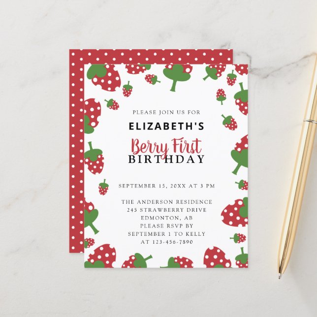 バジェットベリーファースト誕生日かわいいストロベリーガール (正面/裏面インサイチュ)