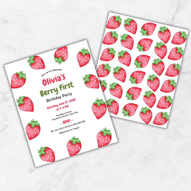 バジェットベリーファースト誕生日1st誕生日招待状 (Budget Berry First Birthday Strawberry 1st Birthday Invitation )