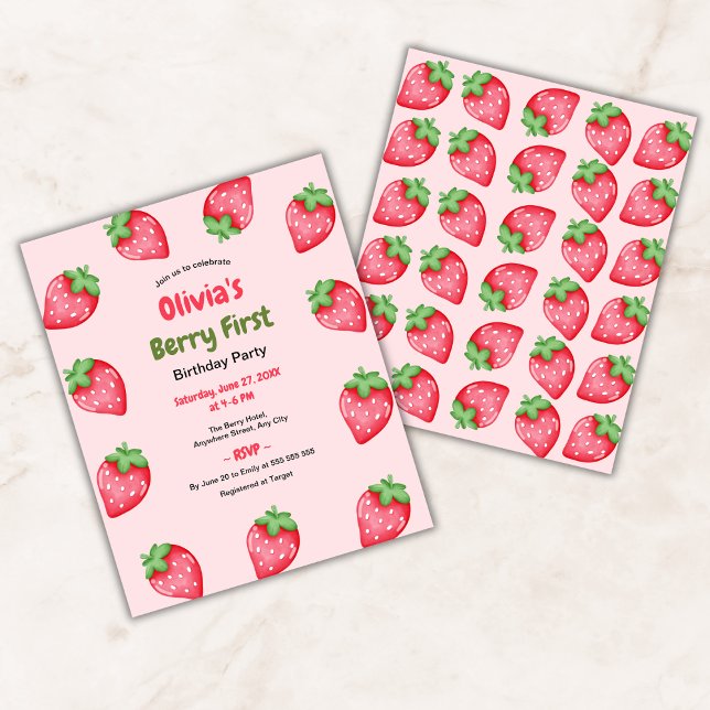 バジェットベリーファースト誕生日1st誕生日招待状 (Budget Berry First Birthday Strawberry 1st Birthday Invitation )
