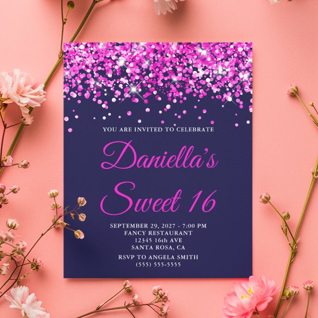 バジェットホットピンクグリッターネイビースウィート16招待状 (Budget Hot Pink Glitter Navy Sweet 16 Invite)