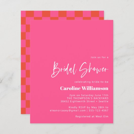 バジェットホットピンクレッドチェッカーボードブライダルシャワー (正面/裏面)