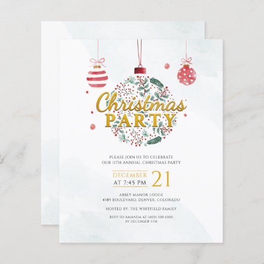 バジェットホリデーレッド金ゴールドクリスマスパーティの招待状 (正面/裏面)