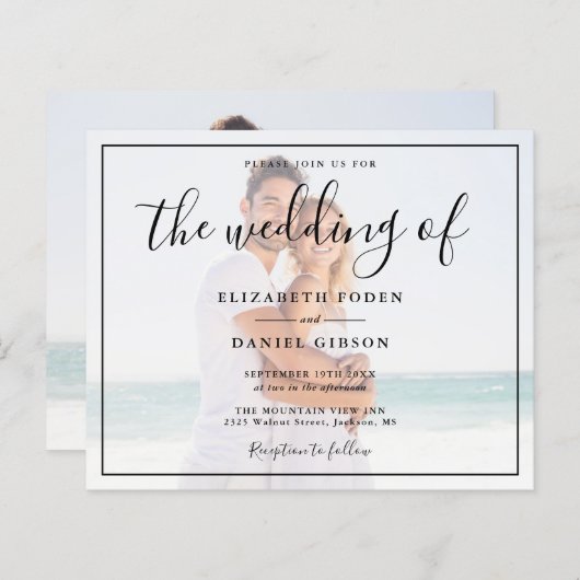 バジェットホワイトとブラックフォト結婚式招待状 (正面/裏面)