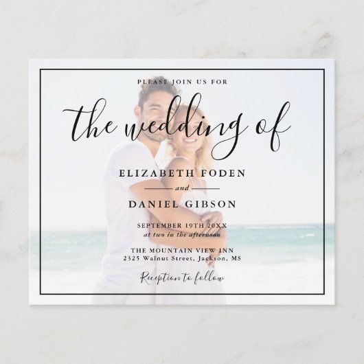 バジェットホワイトとブラックフォト結婚式招待状 (正面)