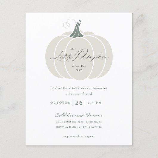 バジェットホワイトカボチャ秋ベビーシャワー招待状 (正面)