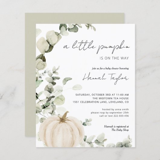 バジェットホワイトカボチャ秋ベビーシャワー招待状 (正面/裏面)