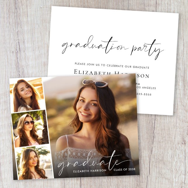 バジェットホワイトスクリプト写真卒業パーティー招待状 (Cherish the milestone: share your graduate's achievement with a custom photo graduation invitation)
