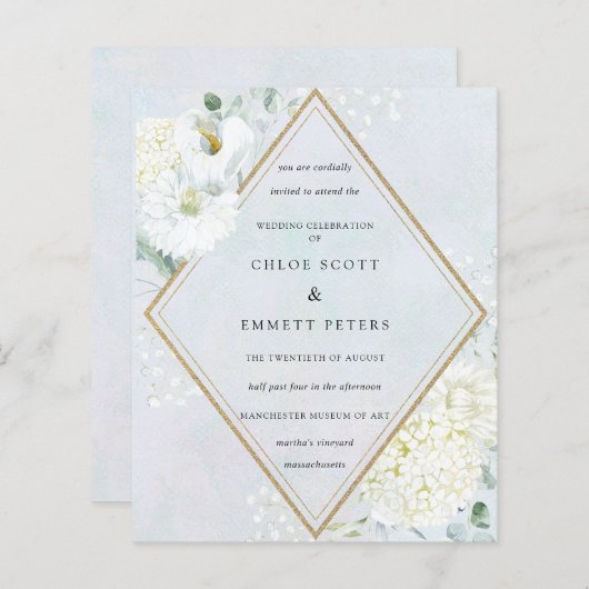 バジェットホワイトフローラブルー結婚式招待状 (正面/裏面)