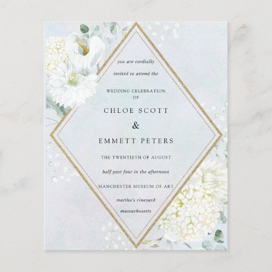 バジェットホワイトフローラブルー結婚式招待状 (正面)