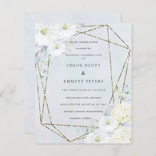 バジェットホワイトフローラブルー結婚式招待状 (正面/裏面)