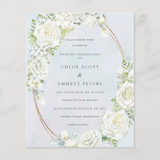 バジェットホワイトフローラブルー結婚式招待状 (正面)