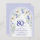 バジェットホワイトブルーフローラアーチ80th誕生日招待状 (正面/裏面)