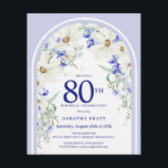 バジェットホワイトブルーフローラアーチ80th誕生日招待状<br><div class="desc">80回目エレガントの誕生日パーティーの招待テンプレートには、白いデイジーと青い野の花で作られたBohoフローラアーチが含まれる。このアイテムはBoho Arch Blue and Whiteフローラ・コレクションの一部。</div>