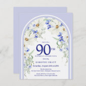 バジェットホワイトブルーフローラアーチ90th誕生日招待状 (正面/裏面)