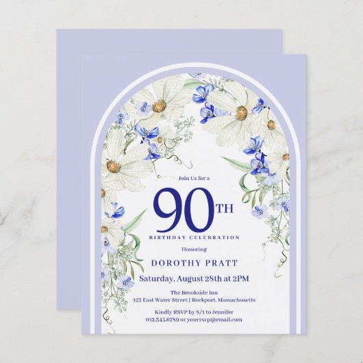 バジェットホワイトブルーフローラアーチ90th誕生日招待状 (正面/裏面)