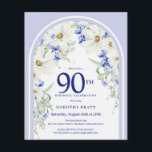 バジェットホワイトブルーフローラアーチ90th誕生日招待状<br><div class="desc">第90回エレガント誕生日パーティーの招待テンプレートは、白いデイジーと青い野の花で作られたBohoフローラアーチを備えている。このアイテムはBoho Arch Blue and Whiteフローラ・コレクションの一部。</div>