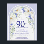 バジェットホワイトブルーフローラアーチ90th誕生日招待状<br><div class="desc">第90回エレガント誕生日パーティーの招待テンプレートは、白いデイジーと青い野の花で作られたBohoフローラアーチを備えている。このアイテムはBoho Arch Blue and Whiteフローラ・コレクションの一部。</div>