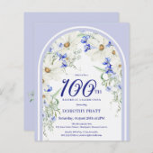 バジェットホワイトブルーフローラ100th誕生日招待状 (正面/裏面)