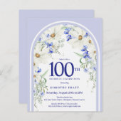 バジェットホワイトブルーフローラ100th誕生日招待状 (正面/裏面)