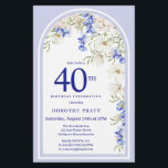 バジェットホワイトブルーフローラ40th誕生日招待状<br><div class="desc">40歳エレガントのパーティの招待状テンプレートは、白いデイジーと青い野の花で作られたBohoフローラアーチを備えている。このアイテムはBoho Arch Blue and Whiteフローラ・コレクションの一部。</div>